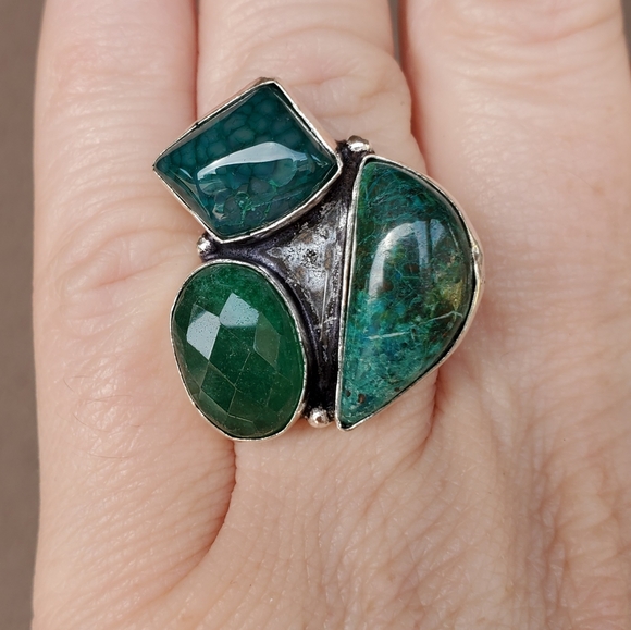 New Chrysocolla, Dragon Veins Agate, Emerald 925 Silver Ring. - Picture 14 of 16